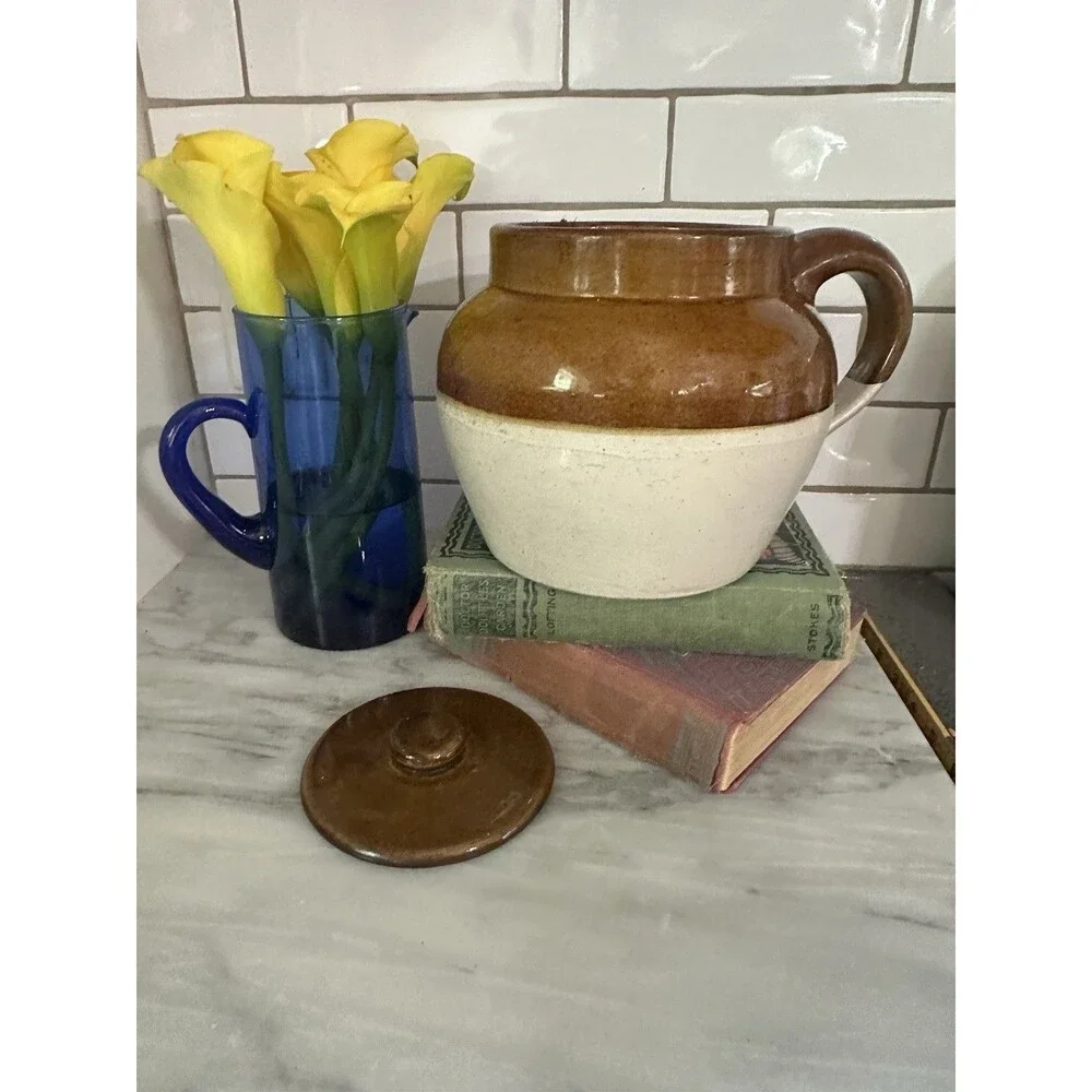 Vintage Antique Stoneware 2 Tone Brown One Handle Crock Bean Pot Americana